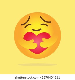 Care emoji - yellow face emoticon with closed eyes hugging a red heart with both hands showing care, support, and presence