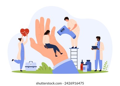 Care for employee health, social and medical insurance. Giant hand of corporate leader holding tiny woman, doctors with thermometer and first aid box check health cartoon vector illustration