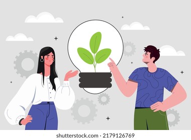 Care Of Enviromental. Man And Woman Come Up With Ways To Reduce Release Of Harmful Waste. Idea And Brainstorming. Responsible Society And Eco Friendly People. Cartoon Flat Vector Illustration