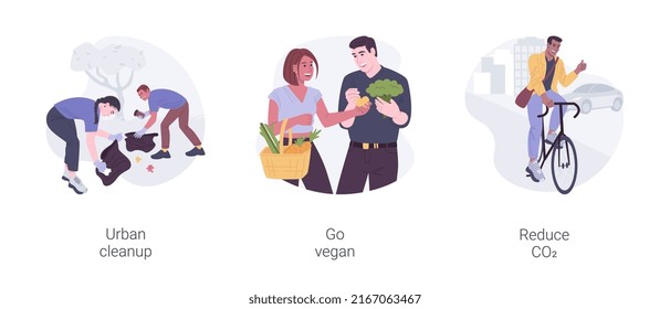 Care for environment isolated cartoon vector illustrations set. Urban clean up, group of diverse people remove waste, go vegan, holding bags with vegetables, reduce CO2 emissions vector cartoon.