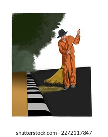 care for the environment, the janitor is sweeping the trash on the street
