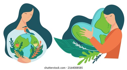 Care for environment, love and protection of planet earth, nature and ecology. Ecosystem conservation, woman cuddling globe with foliage, lands and oceans. Vector in flat style, illustration