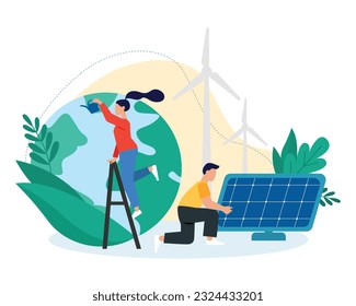 Care for environment. Vector male character adjusts solar panel. Woman waters planet greenery. Use of solar and wind energy. Getting electricity from natural resources