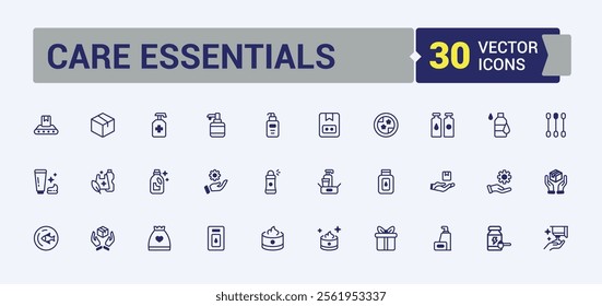 Care Essentials linear icon collection. It contains symbols to sun, oil, wash, foam, lip, care, dermatology, hair. Symbol. Editable vector icon and illustration.