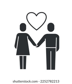 Care family icon black. Man and woman hold hands next to heart, young and happy couple on romantic date. Graphic element for website. Cartoon flat vector illustration