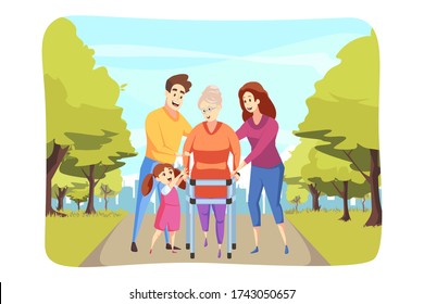 Care, family, support, walking concept. Granddaughter and man dad with woman mother help grandmom senior citizen pensioner go walker. Caring for the elderly and fathers day mothers day illustration.