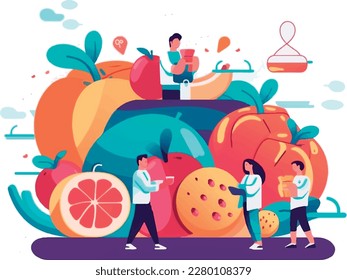 Care with food and the inclusion of fruits and vegetables in the diet for a better quality of life. Colorful, minimalist, 2d vector illustration.