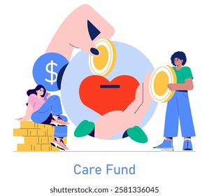 Care Fund concept. Generosity and support through charity donations. Large hand giving to heart-shaped fund as people contribute. Vector illustration.