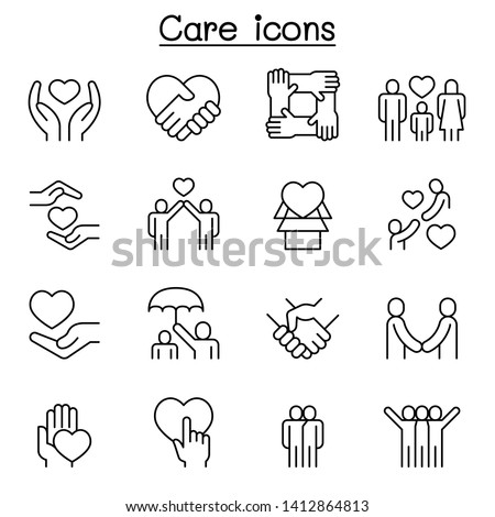 Care, generous and sympathize icon set in thin line style