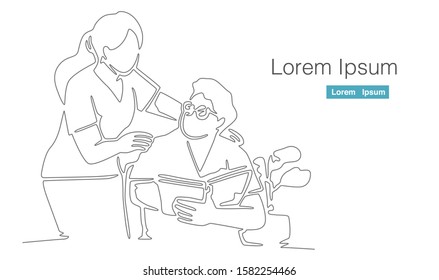 care giver take care patient while read a book, nursing home care, single continuous line drawing style vector illustration 