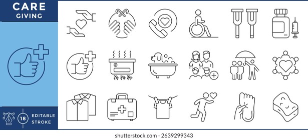 Care giving icons pack. 18 line icons. Vector editable stroke. Care, health, disable, cook.