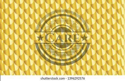 Care golden emblem. Scales pattern. Vector Illustration. Detailed.