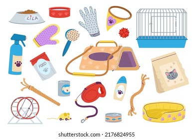 Care and grooming. Pet store, dog groomers service tools. Animal cage and bed, food and treats. Isolated cat dogs hamster decent vector accessories