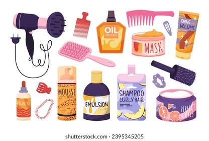 Care for hair with curls set vector illustration. Cartoon isolated curly girl method collection with different beauty treatment and hairdryer, silk hair tie and comb, moisturizer custard and cream