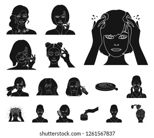 Care of hair and face black icons in set collection for design. Perfumes and makeup vector symbol stock web illustration.