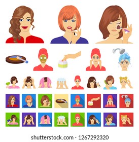 Care of hair and face cartoon,flat icons in set collection for design. Perfumes and makeup vector symbol stock web illustration.