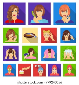 Care of hair and face flat icons in set collection for design. Perfumes and makeup vector symbol stock web illustration.