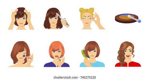 Care of hair and face icons in set collection for design. Perfumes and makeup vector symbol stock web illustration.