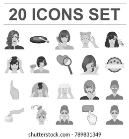 Care of hair and face monochrome icons in set collection for design. Perfumes and makeup vector symbol stock web illustration.