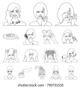 Care of hair and face outline icons in set collection for design. Perfumes and makeup vector symbol stock web illustration.
