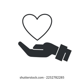 Care hand with heart icon black. Generosity and charity. Volunteering and fundraising, responsible assistance and social help to families concept. Cartoon flat vector illustration