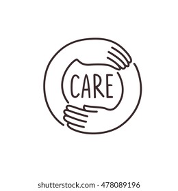 care hand, vector graphic illustration, circle shapes emblem, isolated on white background.