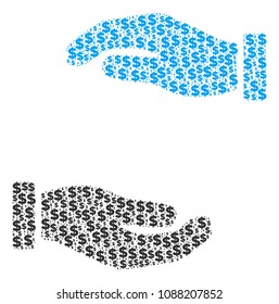 Care hands composition of dollars and sphere spots. Vector banking icons are organized into care hands shape.