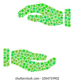 Care Hands composition of filled circles in different sizes and eco green shades. Vector round elements are organized into care hands collage. Ecological vector illustration.