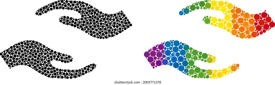 Care hands composition icon of spheric dots in various sizes and rainbow color tones. A dotted LGBT-colored care hands for lesbians, gays, bisexuals, and transgenders.