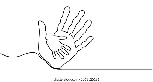 Care hands continuous one line drawing, continuous single drawn one line of mom and baby hand palm hand drawn picture silhouette. Line Art. Hands, Crayon drawn right hand print, Vector of pink.