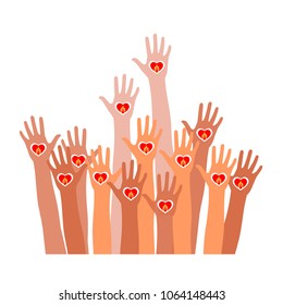 Care hands with fire inside icon. Sweet memory sorrow symbol. Different races and skin colors