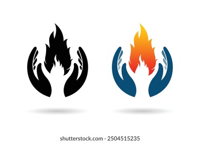 Care hands with fire inside icon. Sweet memory sorrow symbol. Vector illustration