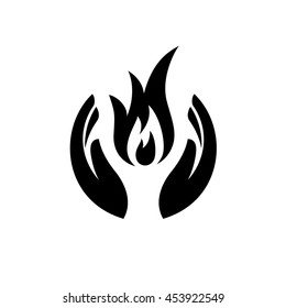 Care hands with fire inside icon. Sweet memory sorrow symbol.