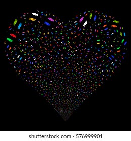 Care Hands fireworks with heart shape. Vector illustration style is flat bright multicolored iconic symbols on a black background. Object love heart combined from scattered pictograms.