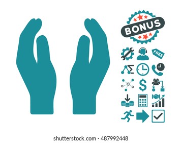 Care Hands icon with bonus images. Vector illustration style is flat iconic bicolor symbols, soft blue colors, white background.