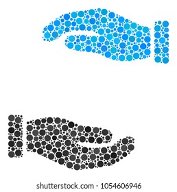 Care Hands mosaic of filled circles in various sizes and color hues. Filled circles are combined into care hands vector illustration. Vector illustration.