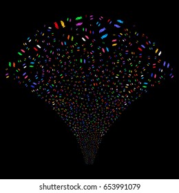 Care Hands salute stream. Vector illustration style is flat bright multicolored iconic symbols on a black background. Object source fountain constructed from random design elements.