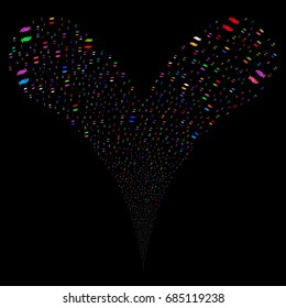 Care Hands source stream. Vector illustration style is flat bright multicolored iconic care hands symbols on a black background. Object fountain created from random pictograms.