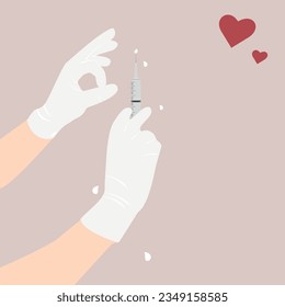 Care in health care. Hands in gloves hold a syringe with a medicine, a vaccine that will protect, save the body. Vector illustration EPS10.