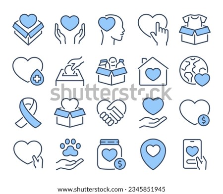 Care, help, charity and donation blue editable stroke outline icons set isolated on white background flat vector illustration. Pixel perfect. 64 x 64.