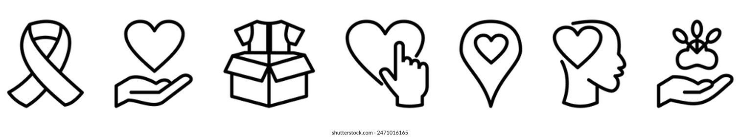 Care, help, charity and donation editable stroke outline icons set isolated on white background flat vector illustration.