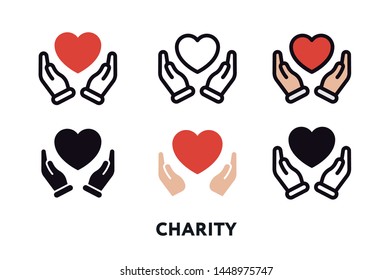 Care Help Charity Support Concept. Hands and Heart. Minimal Flat Line Outline Stroke Icon Set.