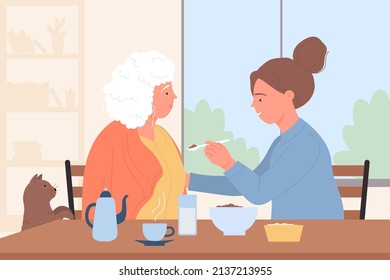 Care and help for elder people from volunteers. Young caregiver feeding senior woman with dysphagia, grandmother sitting at home table flat vector illustration. Disability, gerontology concept