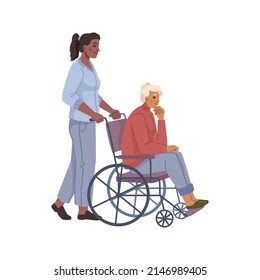 Care and help to senior people in nursing home or hospital. Vector flat cartoon characters, woman assisting grandmother pushing wheelchair. Assistance and healthcare for elderly person