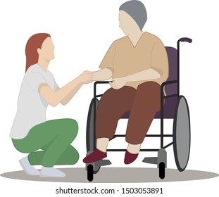 Care for helping the elderly concept,The female nurse takes care the elderly by holding hands, grandma sitting on a wheelchair, in a hospital.Vector illustration