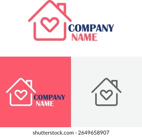 Care Home Insurance Logo, Love Home Logo. Grey Pink Linear Style Heart and House Icon Combination. Usable for Building and Health Care Logos. Flat Vector Logo Design Template Element.