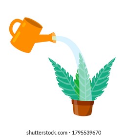 Care for house plant. Growth and development. Gardening and Hobbies. Flat cartoon isolated on white. Yellow watering can with water. Pot with flower and green leaves