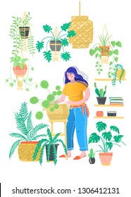 Care of house plants. The girl in an environment of house plants in pots and wicker baskets. Vector hand drawn