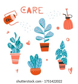 Care for house plants, watering, spraying. Beautiful hand drawn isolated element vector set. Home decor and gardening. Floristic concept. Indoor botany. Modern design elements. House flowers.