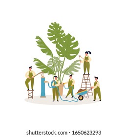 Care of houseplants concept with small people. Hobbies gardening tips. Fertilization and watering, flowerpot with palm. Vector Illustration use for landing page, web, banner, poster, flyer